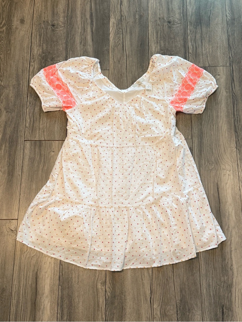 NWT LOFT Dot Embroidered Tiered Swing Midi Dress White Pink XL